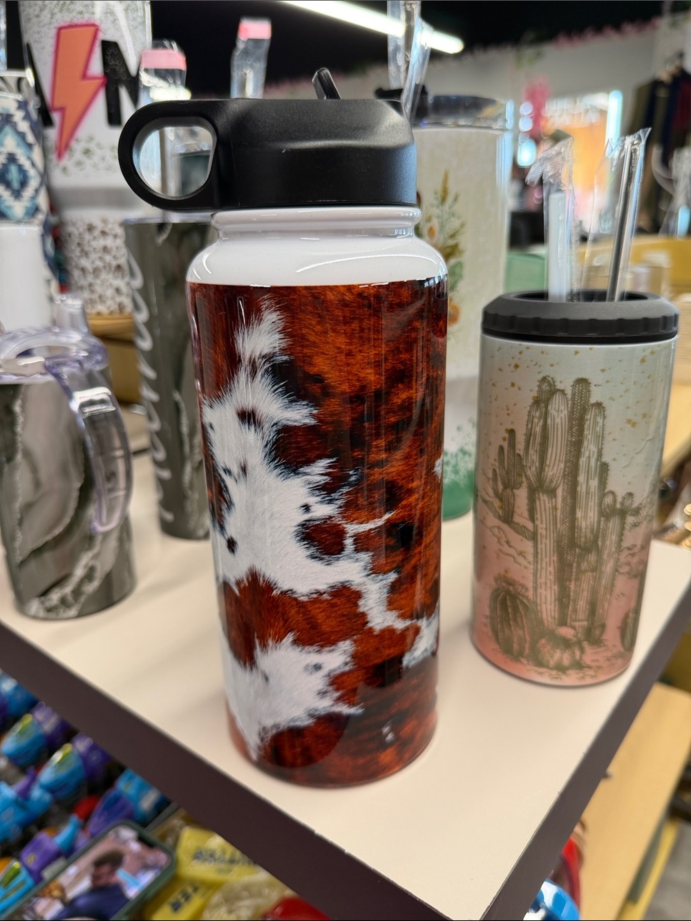 Insulated Water Bottle with Brown & White Cowhide Pattern - Unbranded